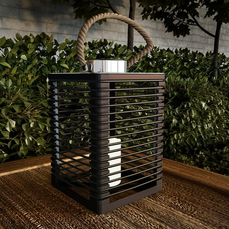- Solar Powered Lantern with LED Candle-Outdoor/Indoor Flickering Flameless Candle Lantern Decorative Light with Rope Handle by Pure Garden (Brown)