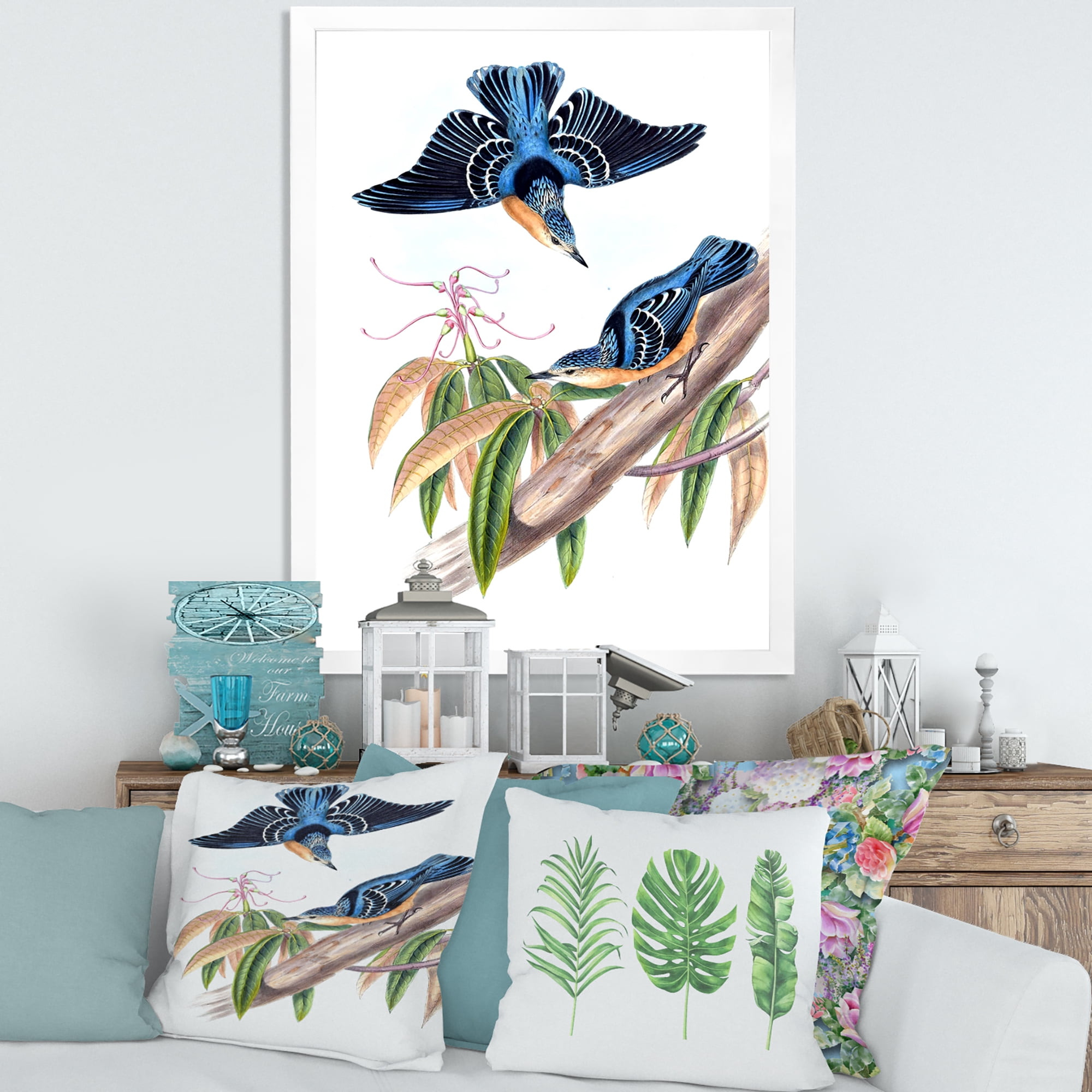 Designart 'Vintage Countryside Birds On Branch V' Farmhouse Framed Art Print