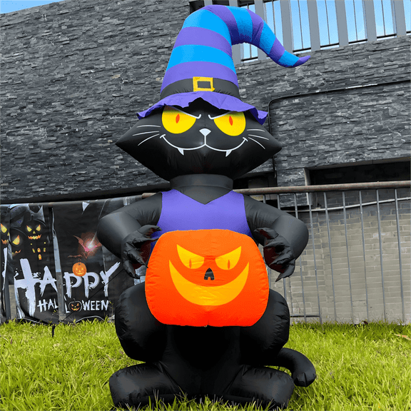 Toiyjofe 6FT Halloween Inflatable Black Cat with Pumpkin & LED Lights, Outdoor Blow Up Yard Decoration with Witch Hat for Porch & Lawn
