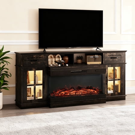 UBesGoo Farmhouse Fireplace TV Stand, 70" Entertainment Center with Electric Mantel Heating with 2 Door Storage & Drawers, Black
