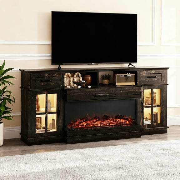 UBesGoo Farmhouse Fireplace TV Stand, 70" Entertainment Center with Electric Mantel Heating with 2 Door Storage & Drawers, Black