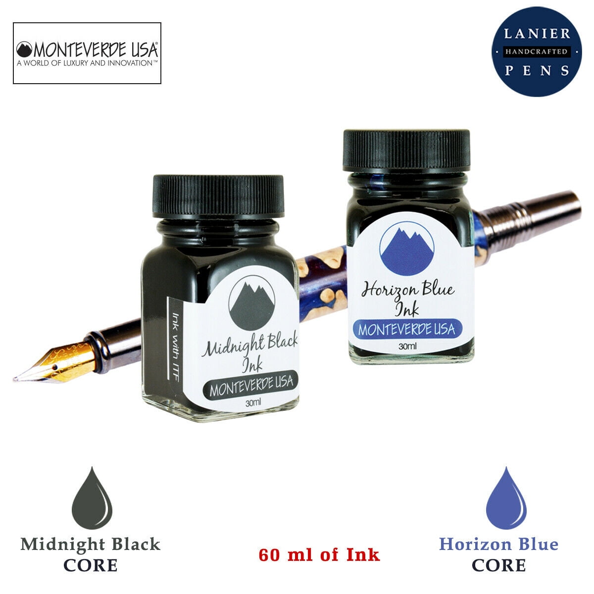 Monteverde 60ml Core Fountain Pen Ink Bottle (30ml Midnight Black Ink Bottle G309MB, 30ml Horizon Blue Ink Bottle G309HB)