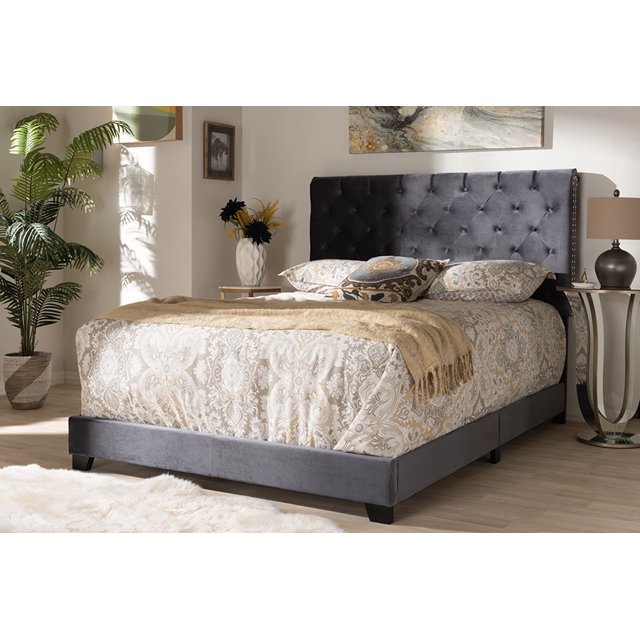 Baxton Studio Candace Luxe and Glamour Cama tapizada de terciopelo gris oscuro de tamaño completo Baxton Studio Candace-Grey-Full