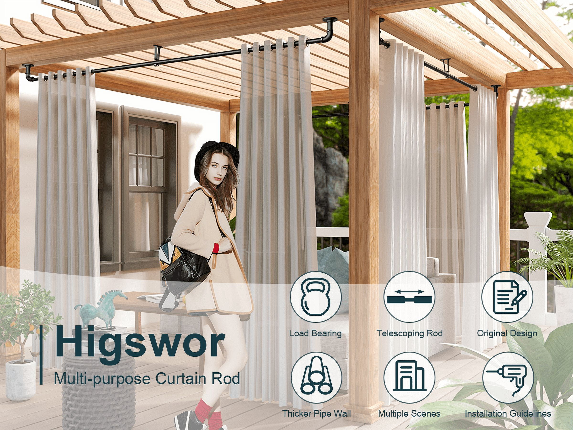 Curtain Rods for Windows 66 to 120, Black Adjustable Curtain Rod, 1 Inch Industrial Heavy Duty Curtain Rods, Blackout Wrap Around Curtain Rod, Indoor/Outdoor Curtain Rod