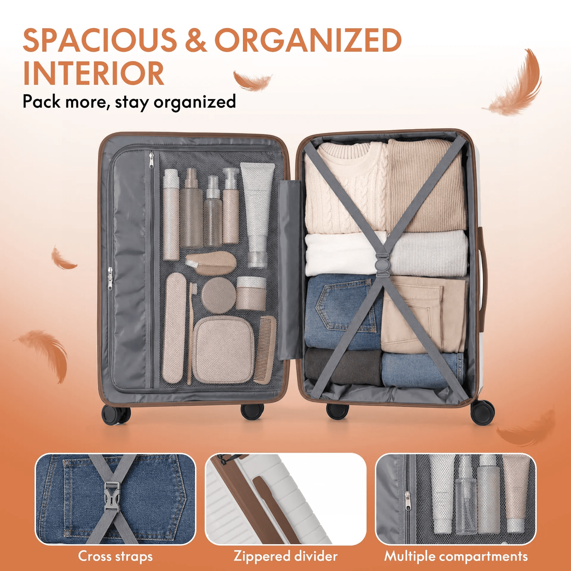 3-Piece PP Hardshell Luggage Set, Lightweight Scratch-Resistant Suitcases with TSA Lock, 4 Silent Spinner Wheels, 20"/24"/28", White