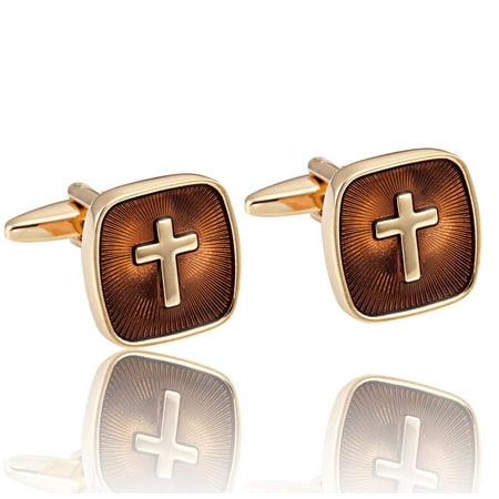 - Amazing Mens Stainless Steel Cufflinks with Golden Holy Cross