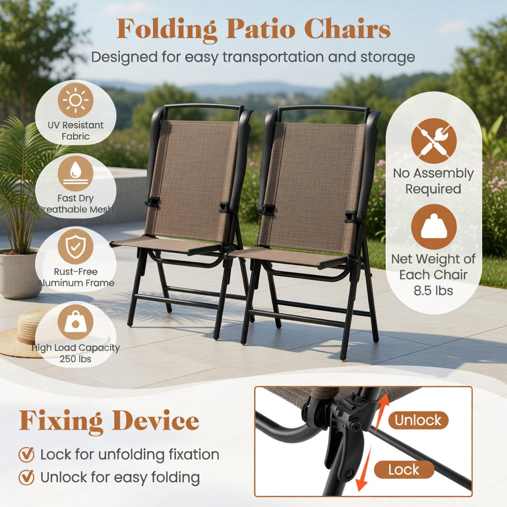 Hommoo 3-Piece Outdoor Patio Set, Round Tempered Glass Table & 2 Folding Chairs with Breathable Fabric Seats, Compact for Balcony & Small Spaces, Brown