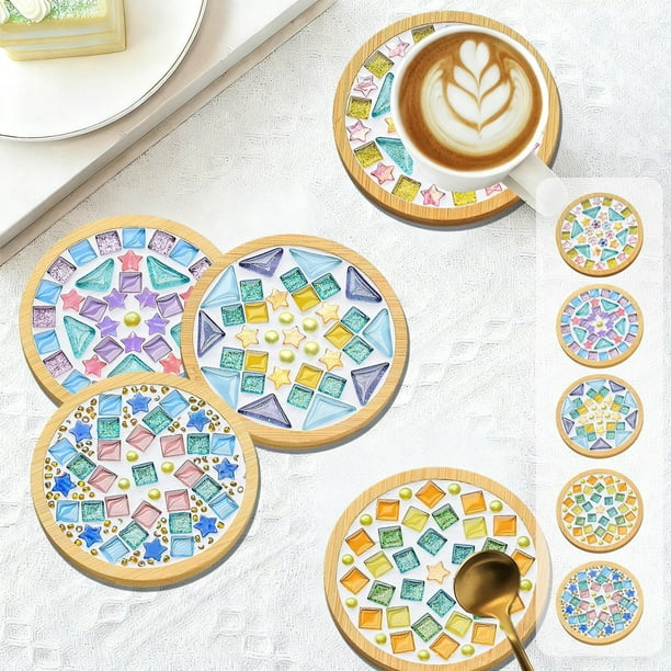 Kit de posavasos de mosaico DIY para principiantes - Juego de azulejos de madera con colores variados, pack completo de manualidades para adultos y niños para aliviar el estrés