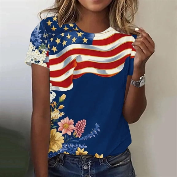 Goodtrade8 Summer T Shirts for Women American Flag Short Sleeve Pullover Casual July 4th , Red White and Blue Graphic Crew Neck Red White and Blue Juniors Tops Fashion