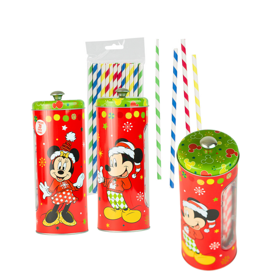 Mickey & Minnie Mouse Christmas Straw Holder Fun with Bonus Straws One Pack – Compact Size 8.25” H