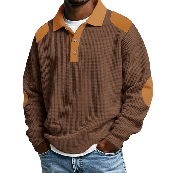 Waffle Knit Tops for Men Long Sleeve Henley Shirt Vintage Button Up Color Blocked Varsity Top
