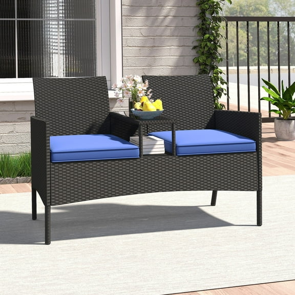 Gymax Patio Loveseat w/ Built-in Table Soft Cushions & Tempered Glass Tabletop
