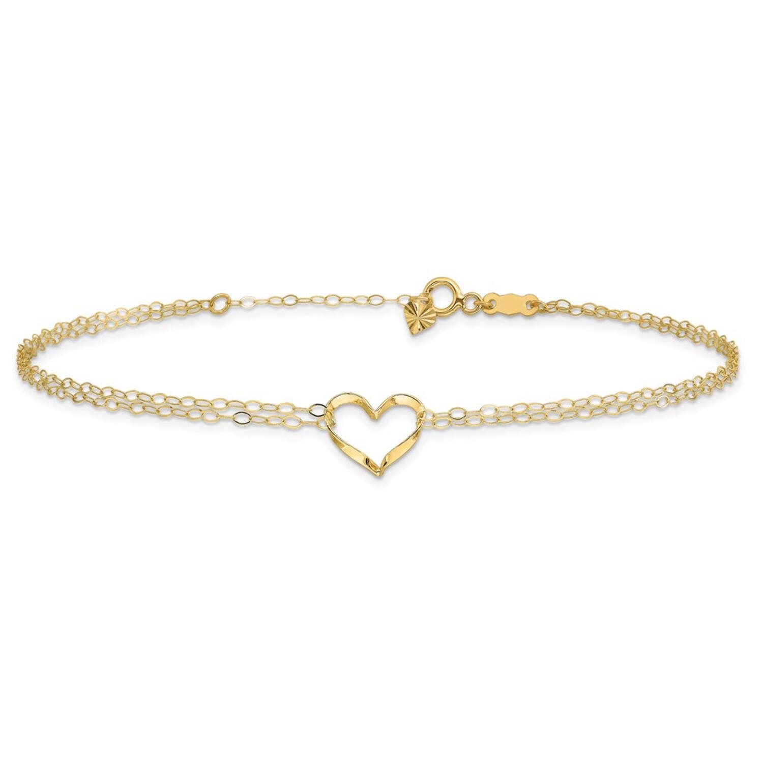 Finest Gold Double Strand Heart 14K Yellow Gold Anklet, 9 Inches, Adjustable