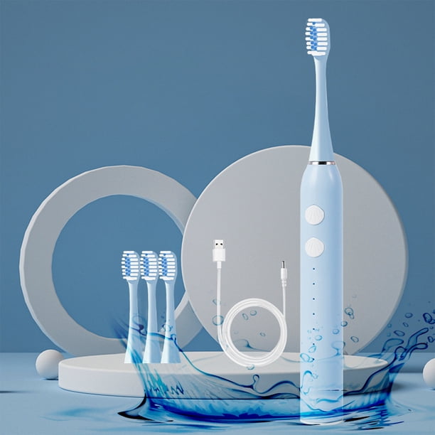 Cepillo de dientes eléctrico con temporizador y 4 cabezales de cepillo - Impermeable IPX7, 5 modos de limpieza, recargable por USB, portátil para viajar - blanco, rosa, azul