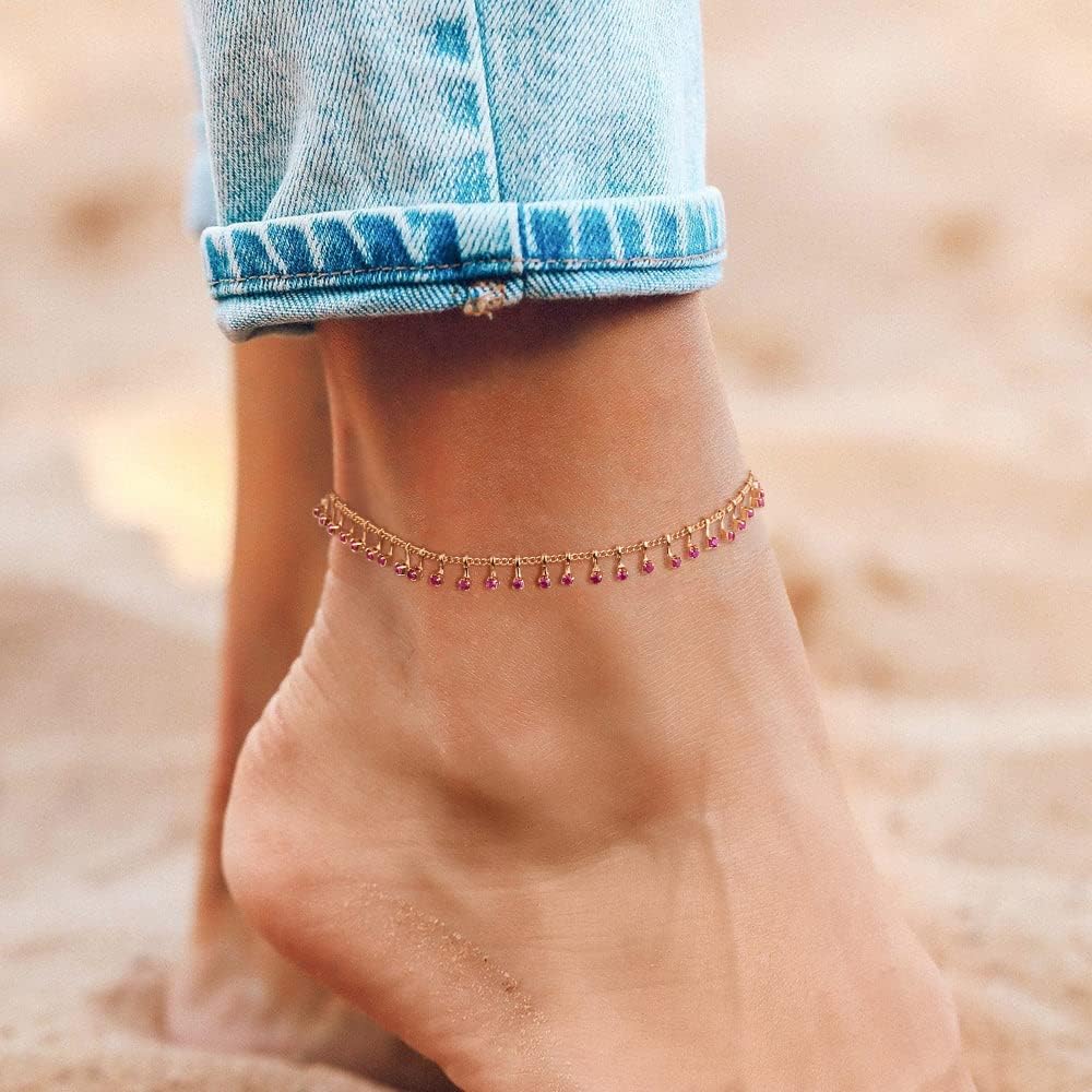 Gold Anklets For Women 14K Gold Plated Tiny Bead Anklet Green Rose Colorful Cubic Zirconia Tassel Foot Chain Dainty Adjustable Cute Anklets Summer Beach Boho Anklets Jewelry[o1316]