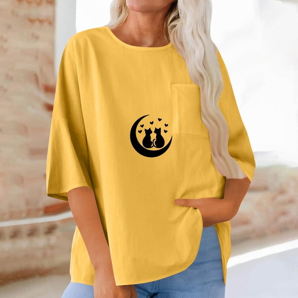 Xuyuer Women's Imitation Linen 3/4 Sleeve Blouse Crew Neck Summer Casual Tops Loose Fit Plus Size Tops Loose T Shirts Tunic Tops Shirts for Women Oversized Pocket T-shirt Fashionable Top