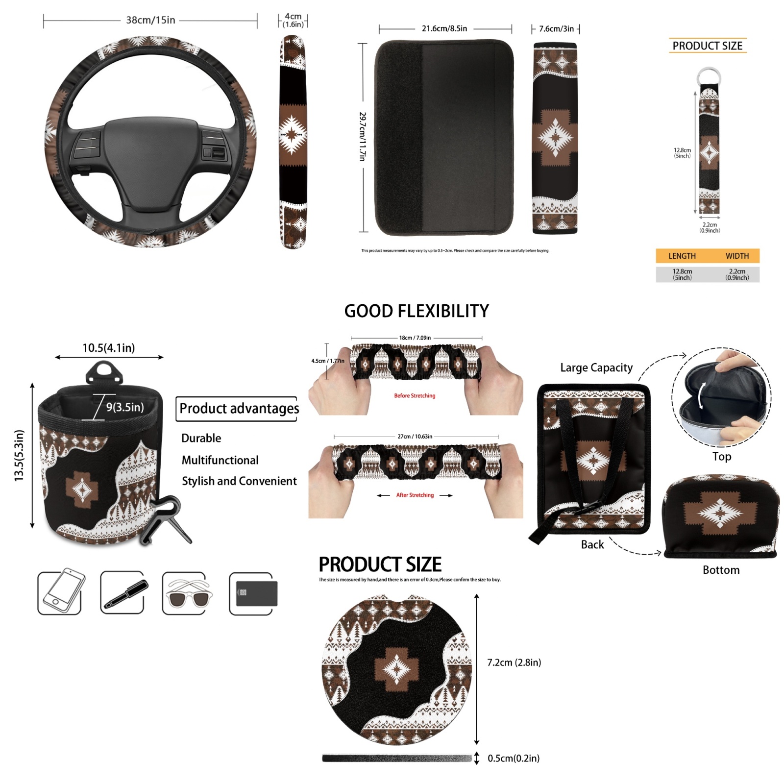 Jeiento Aztec Tribal Style Car Accessories with Seat Covers Rear View Mirror Protector Kechains Coasters Air Vent Storage Bag Seat Belt Strap Pad Trash Bag Steering Wheel Cover for Men