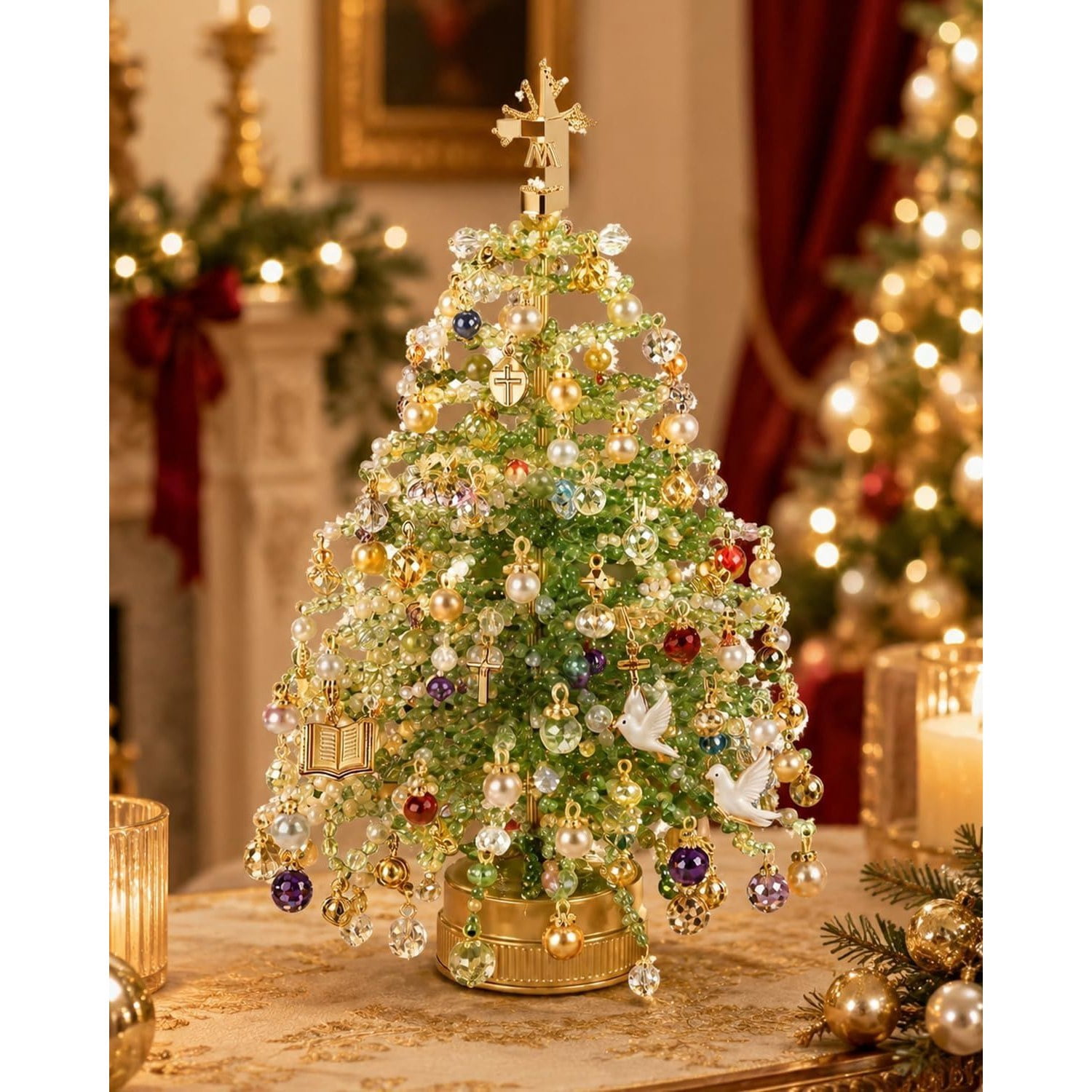 DIY Beaded Christmas Tree Kit with LED Light, Handmade Tabletop Holiday Craft for Adults, 4.4 x 4.3 x 4.5 in Desktop Decoration