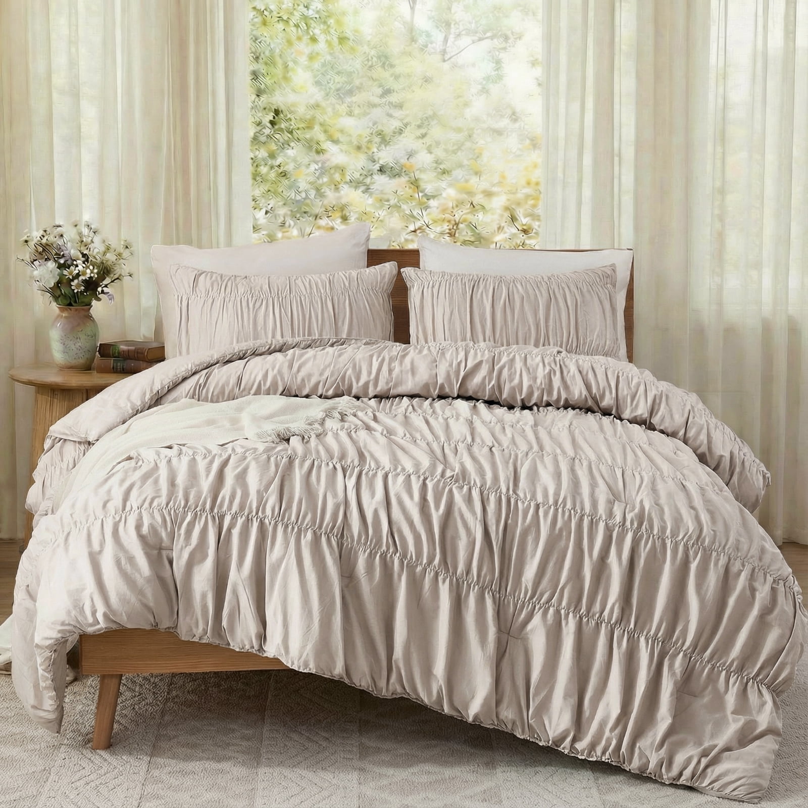 100% Cotton Wrinkle King Duvet Cover Set,Ruched Bedding Comforter Cover,Shabby Chic Ruffled 3 Pcs Queen Duvet Cover Set,Bohemian Boho Bedding Set 1 Duvet  Cover 2 Pillowcases
