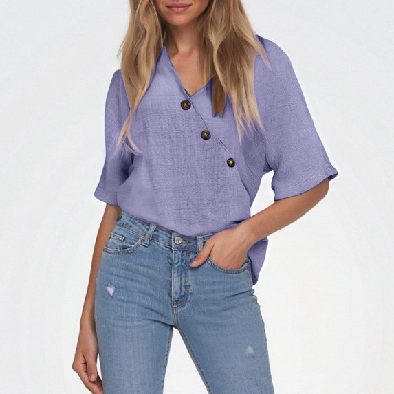 LIUJUNSHOP Cotton Linen Shirts for Women Loose Fit V Neck Button Comfortable Tops Trendy Blouses Casual