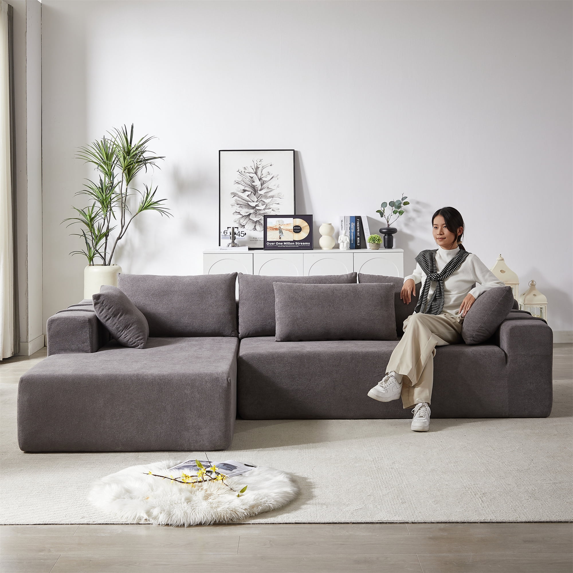 Aukfa 108" Modular Sectional Couch, Deep Seat Cloud Sofa with 6 Pillows, No Assembly, Left Chaise, Gray