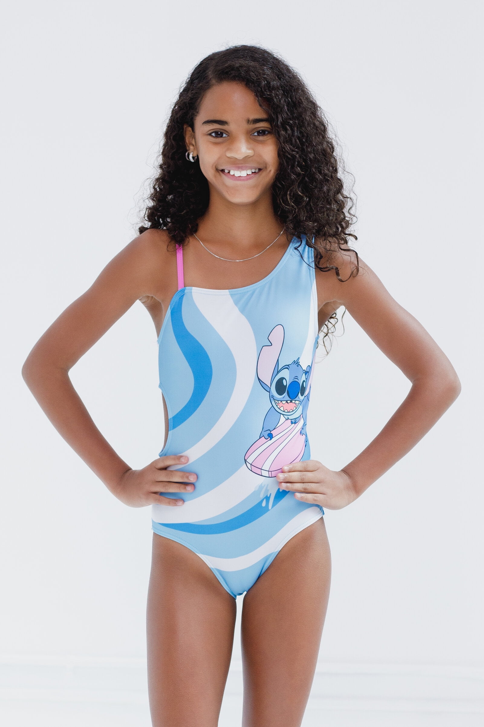 Disney Lilo & Stitch Big Girls UPF 50+ One Piece Bathing Suit Blue / White 10-12