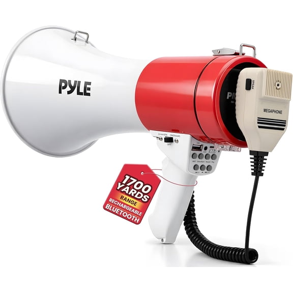 Pyle 50W Megaphone Bullhorn Speaker – Portable Bluetooth PA with Alarm Siren, 1700 Yard Range, Adjustable Volume, USB/TF & AUX Input for Sports, Events & Emergency Use (Red)