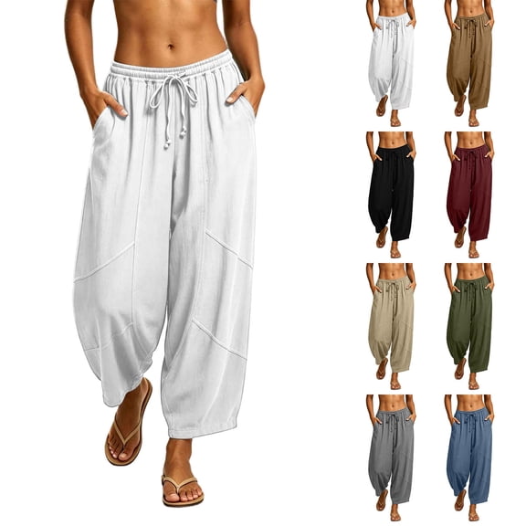 ClodeEU Women's Linen High Waisted Drawstring Pants with Pockets ,Casual Loose Fit Summer Vacation and Work Trousers Army Green,Women's Plus L
