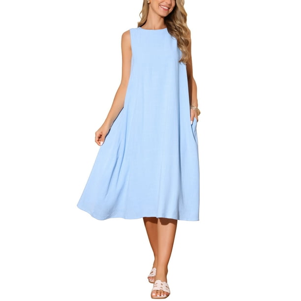 Vestidos de lino para mujer INSPIRE CHIC, con cuello redondo, corte holgado, sin mangas, vestidos de verano casuales con bolsillos, talla S, color azul