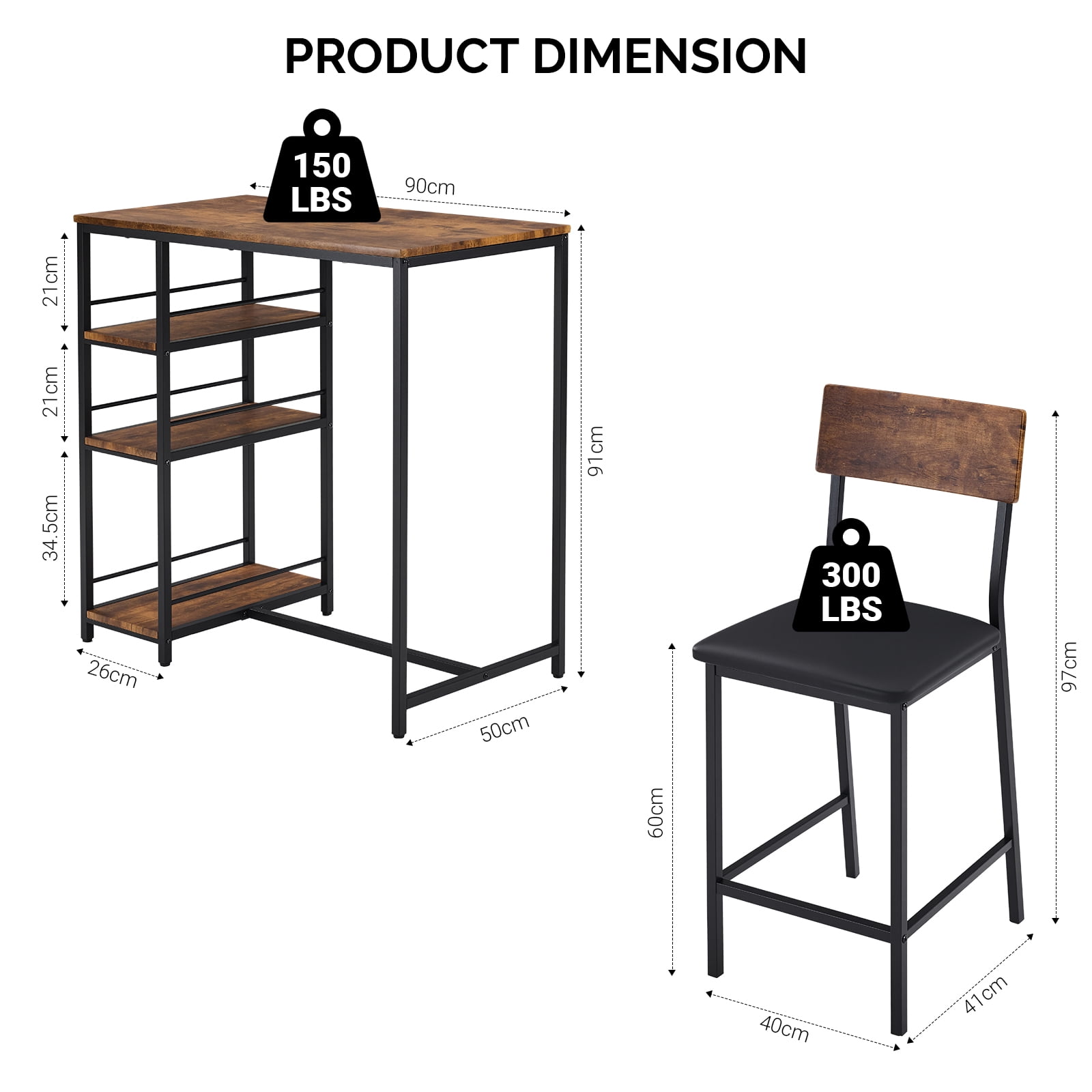 Ktaxon 3 Pieces Dining Table Set for 2, Counter Height Bar Table Set with Storage Shelves and Padded Chairs for Dining Room, Kitchen, Rustic Brown