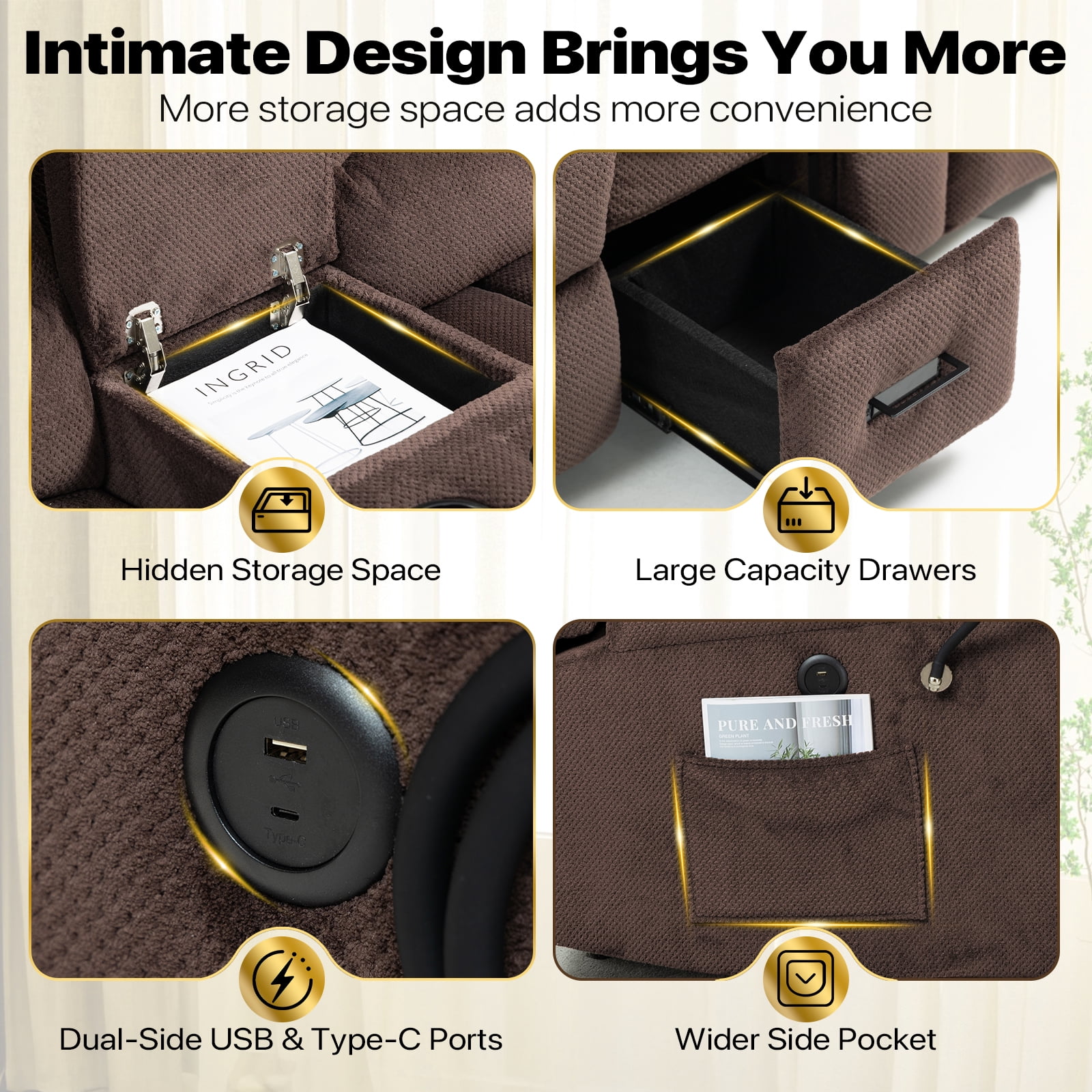 ReeQuo Oversized Reclining Loveseat with Adjustable Headrest, Dual Storage Console, USB & Type-C Charging, 4 Cup Holders & Phone Stands – Comfortable 2-Seater Recliner Sofa, Brown