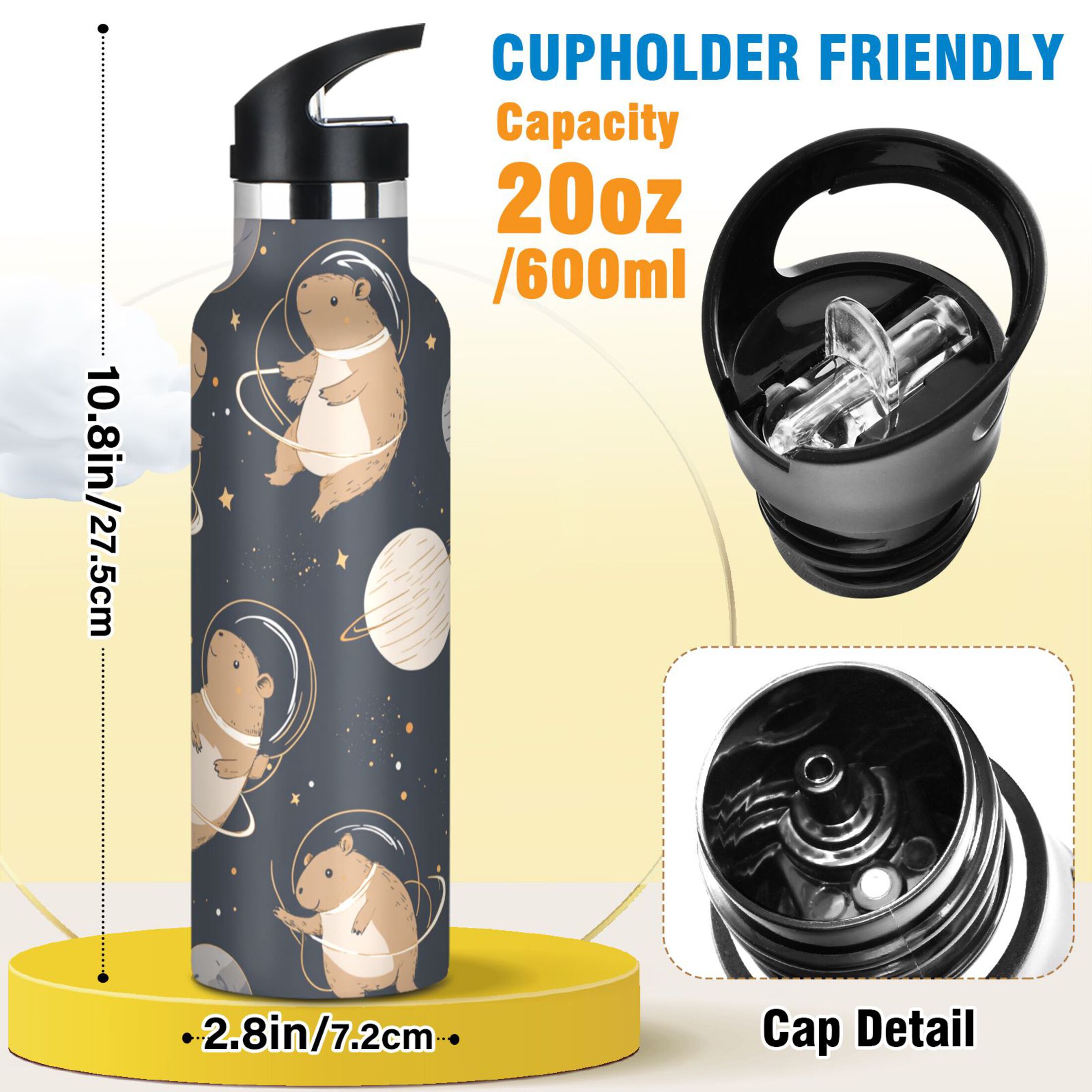 Kids Insulated Stainless Steel Sports Water Bottle 600ml (20oz) Capybara Astronauts