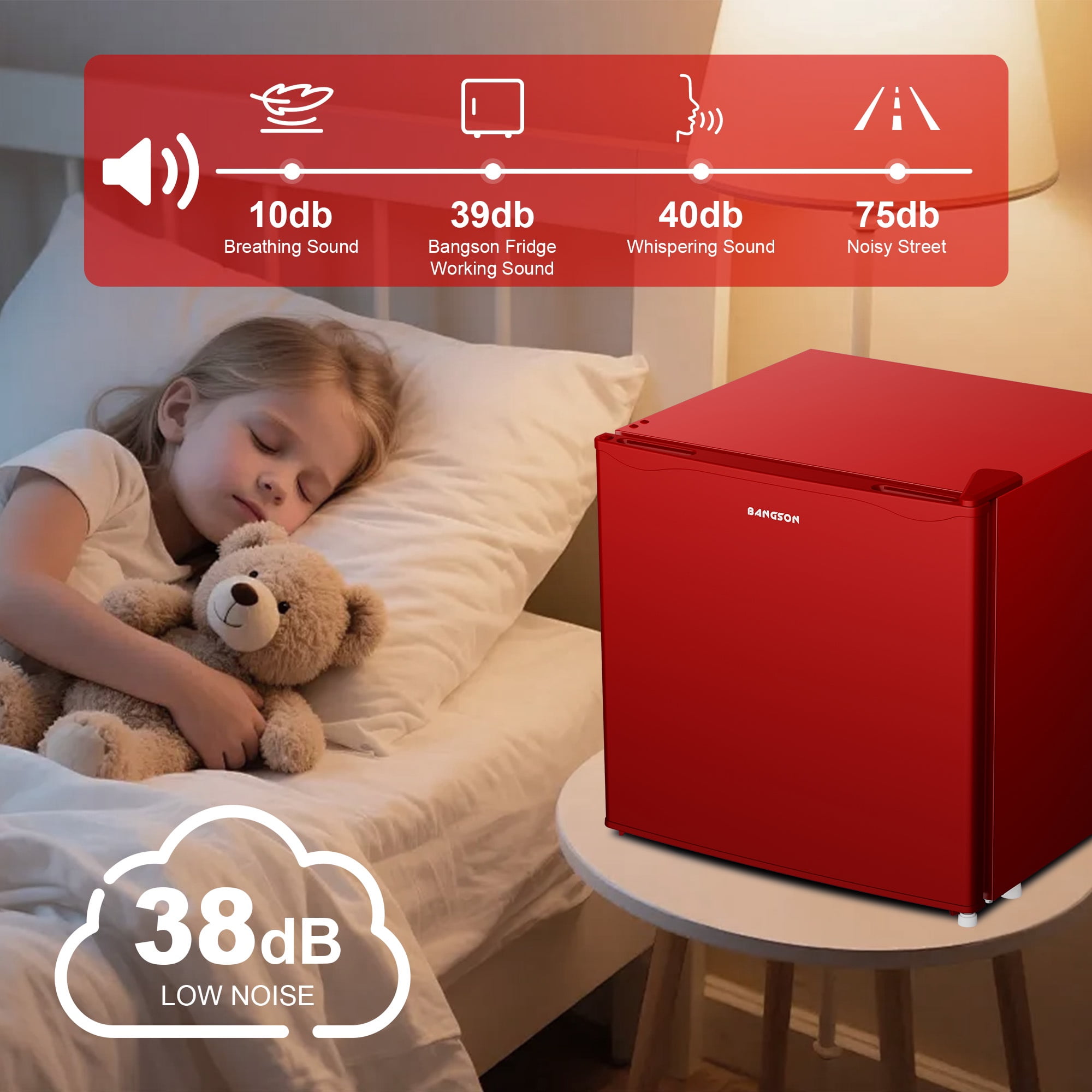 BANGSON 1.6 Cu.Ft Compact Refrigerator with Freezer, Energy Saving & Low Noise Mini Fridge for Office, Dorm, Bedroom - Adjustable Temp, Reversible Door,Red