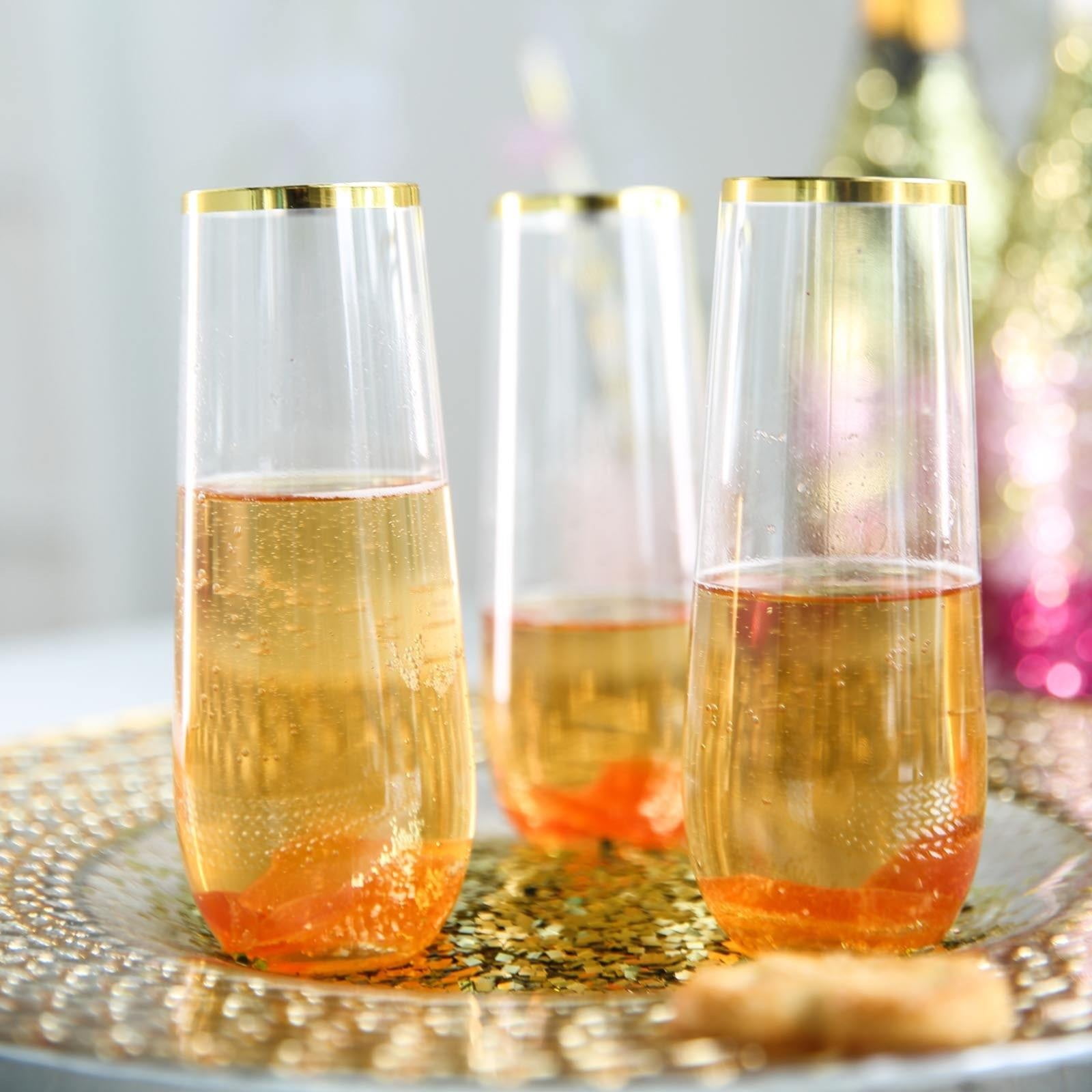 ZOURIH 24 Pcak Champagne Flutes Plastic, 9 Oz Resuable Stemless Mimosa Gold Rim Toasting Glasses, Clear Crystal Plastic Cocktail Cups for Party Wedding Birthday,Clear