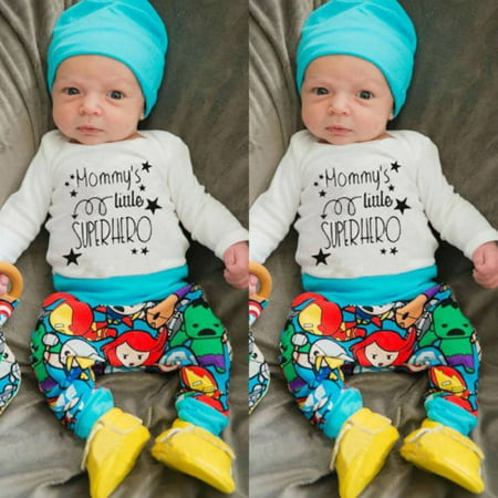Newborn Baby Boys Superhero T-shirt Pants Leggings Hat 3pcs Outfits Clothes Set