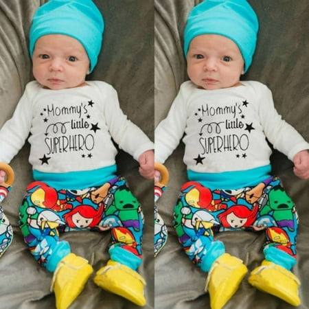 Her Outfit - Newborn Baby Boys Superhero T-shirt Pants Leggings Hat 3pcs Outfits Clothes Set