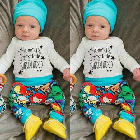 Newborn Baby Boys Superhero T-shirt Pants Leggings Hat 3pcs Outfits Clothes Set