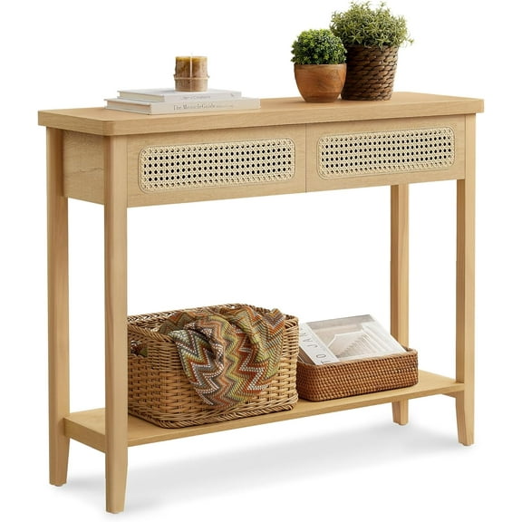 YANG2 Console Table, Sofa Table, Narrow Entryway Table with 2 Drawers, Open Storage Shelf, Rounded Corners, for Living Room, Boho Style-Oak Beige