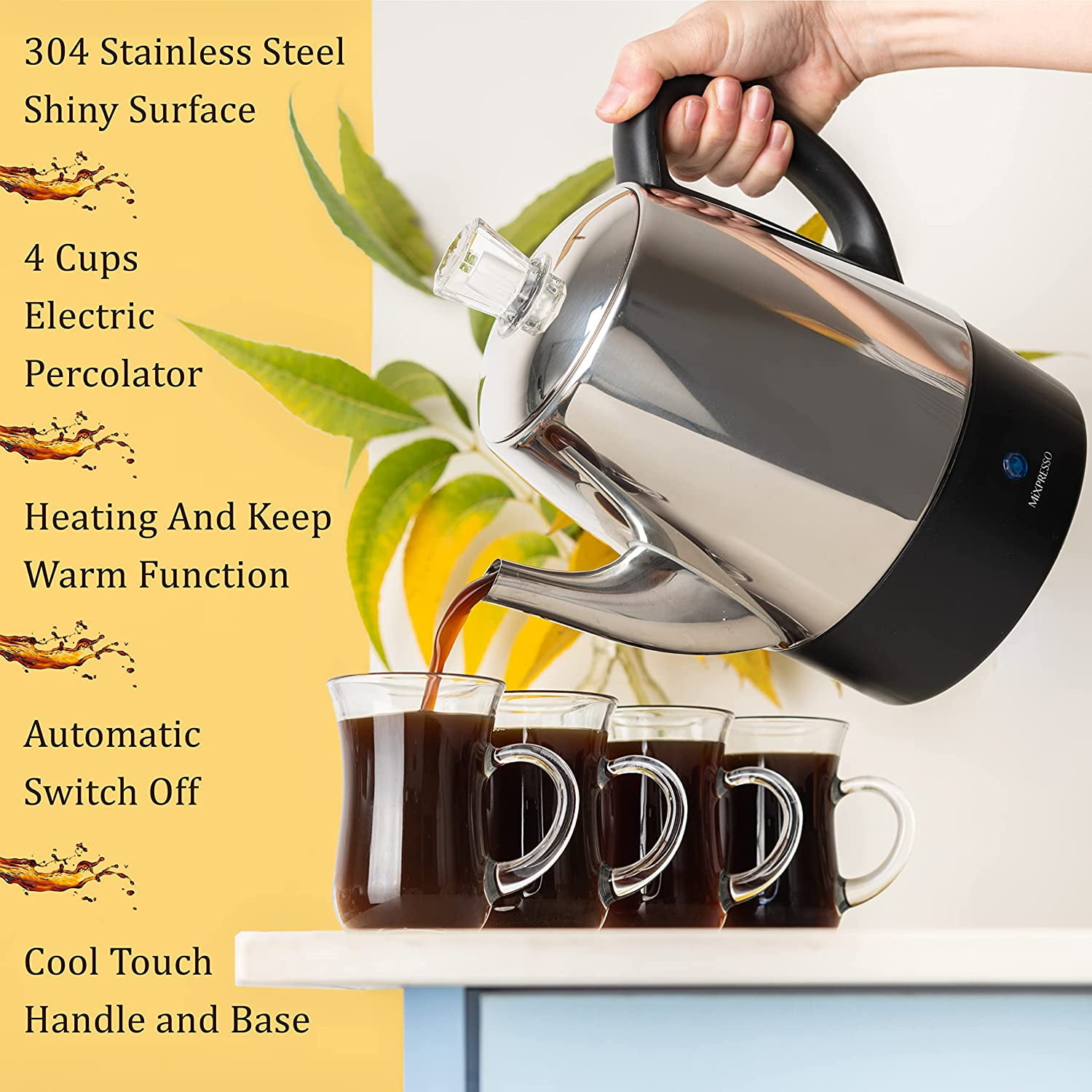 Free Shipping! Mixpresso Small Electric Percolator Coffee Pot 4 Cup  Stainless Steel Coffee Maker with Keep Warm Function - Walmart.com