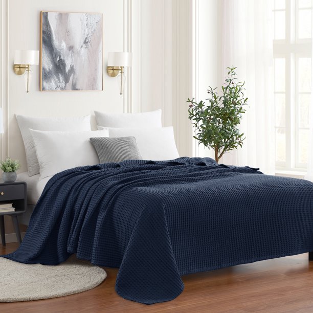 Sweet Home Collection Waffle Weave Cotton Blanket King Navy