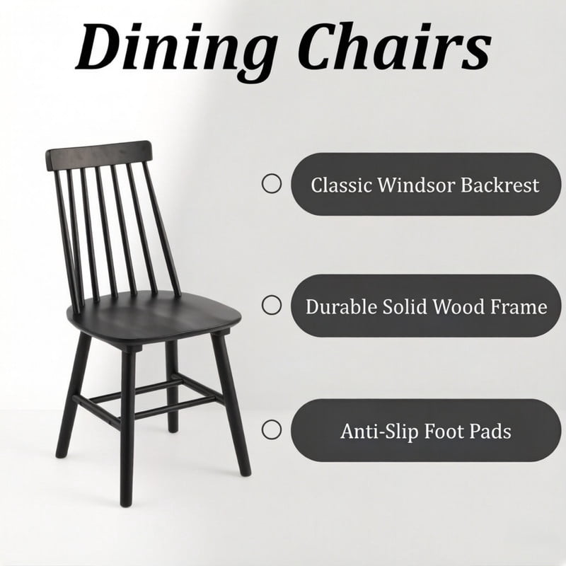 Solid Wood Dining Chairs Set of 4, Ergonomic Windsor Backrest Mid-Century Modern Armless Kitchen Side Chairs