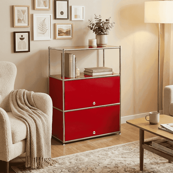Innovaze 4-Tier Metal Accent Cabinet with 2-door, Adjustable Shelf for Home, Apartment & Office, Red