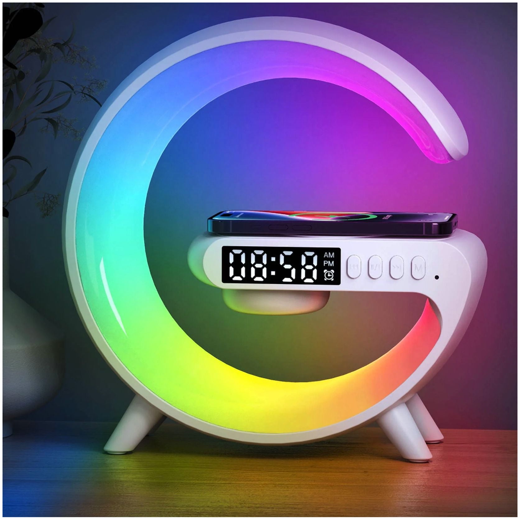 Zerak Mini G-Shaped Smart Wireless Speaker & Charger – 10 Light Effects, Bluetooth Audio, Wake-Up Light Alarm Clock, Night Light Lamp
