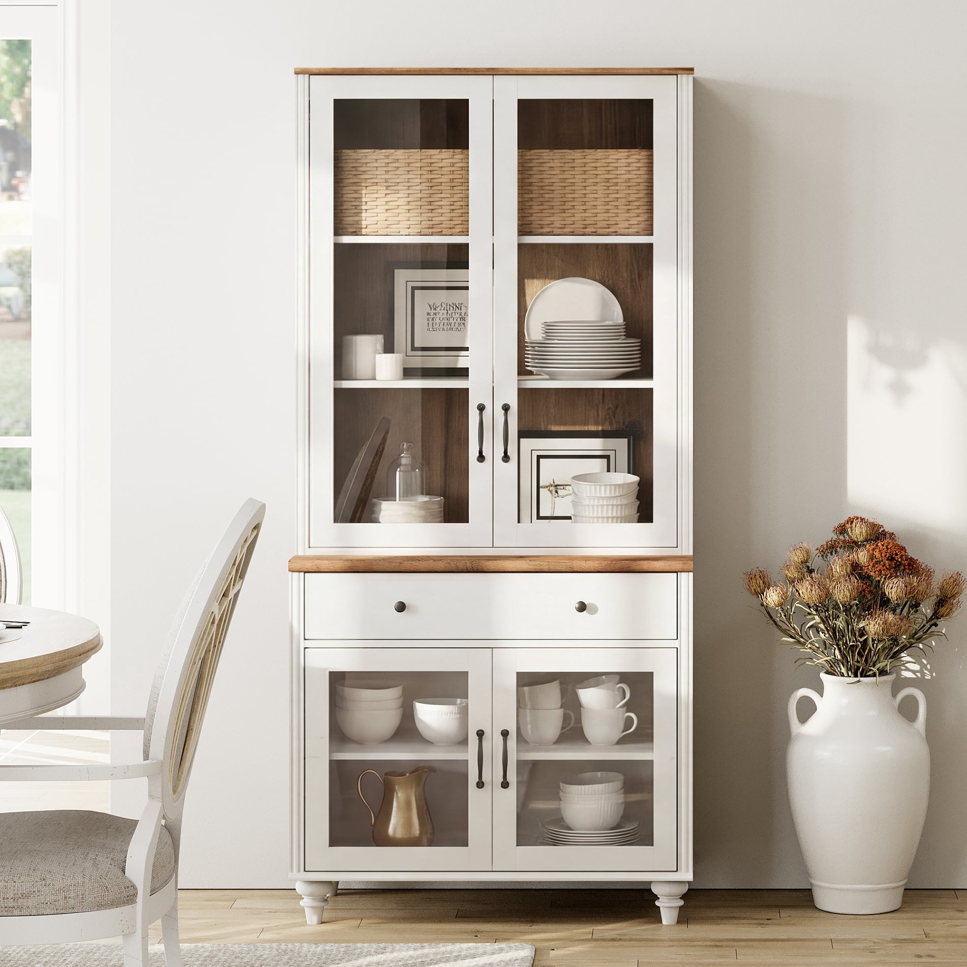 72.1"H × 33.9"W Farmhouse Wooden Bookcase with Glass Doors and Drawer, Large Storage Bookshelf for Living Room, Bedroom, Home Office & Kitchen, White