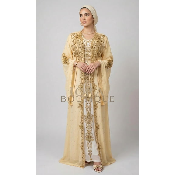 Iora Boutique Women's Beaded Kaftan Dress, Gold Embroidered Formal Maxi Gown