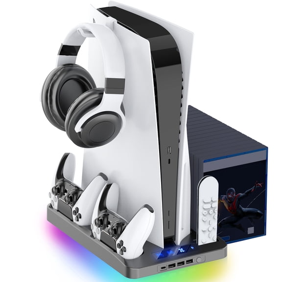 NETNEW Vertical Stand Cooling Fan PS5 Controller Charging Station Dock with USB Hub LED for PS5