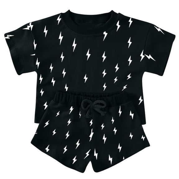 FINALGANG Toddler Boys Girls Two Piece Outfit Lightning Bolt Print Short Sleeve Crewneck T Shirt Drawstring Shorts Set Casual Summer Clothes Black 2-3 Years