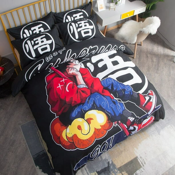 Juego de ropa de cama de Dragon Ball Goku, Sábana de Cuatro piezas, funda de almohada sólida, colcha de lino, tamaño Queen y King, accesorios de cama