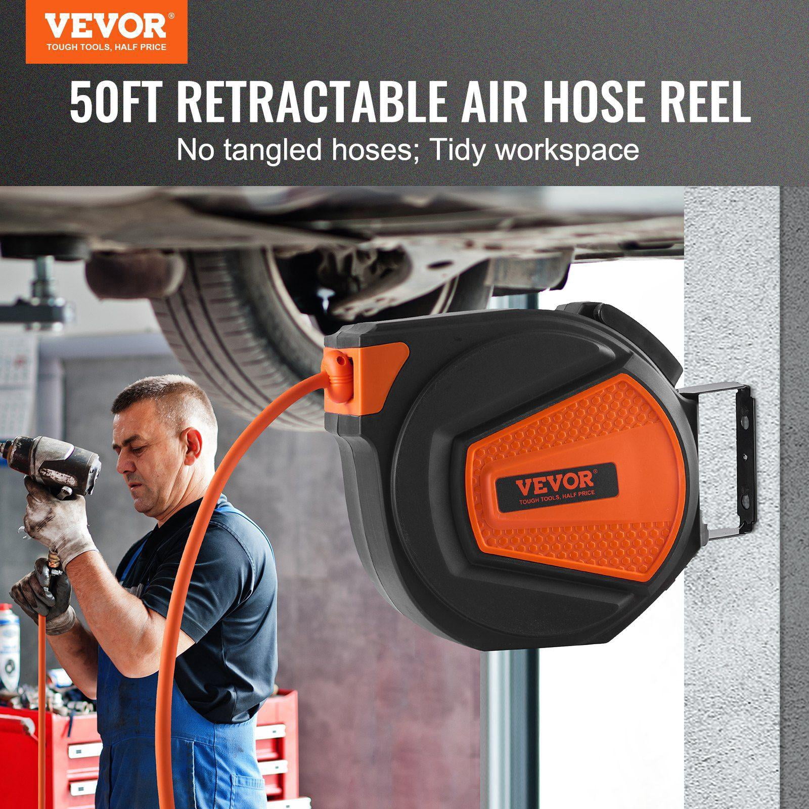 Retractable Air Hose Reel 3/8 Inch x 50 FT Hybrid Air Hose 300 PSI Max with 5 Ft Lead in Ceiling Wall Mount Enclosed 180 Degree Swivel Mount