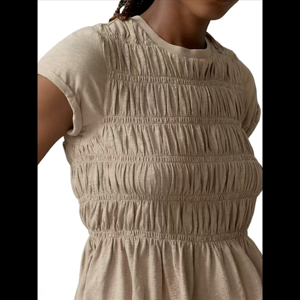 Camiseta de Mujer 2025, de Color Liso, Sencilla, con Diseño Plisado, Cuello Redondo y Mangas con Volantes. Camello L